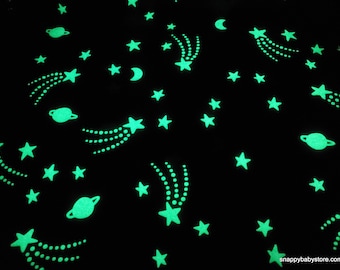 Glow in the Dark Flannel Fabric - Galactic Celestial Space Icons on Blue Glow in the Dark - By the yard - 100% Cotton Flannel