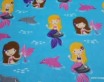 Flannel Fabric - Mermaids and Dolphins - By the Yard - 100% Cotton Flannel