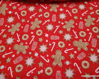 Christmas Premium Flannel Fabric - Gingerbread Cookies Red Premium - By the yard - 100% Premium Cotton Flannel