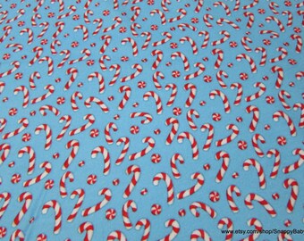 Christmas Flannel Fabric - Light Blue Tossed Candy Canes 2 Ply - By the yard - 100% Cotton Flannel