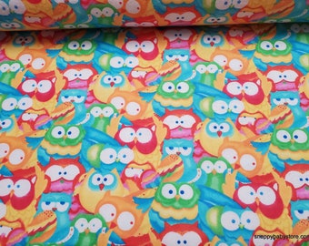 Flannel Fabric - Packed Bright Owls - By the yard - 100% Cotton Flannel
