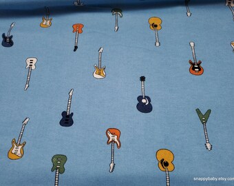 Flannel Fabric - Guitars on Blue - By the yard - 100% Cotton Flannel