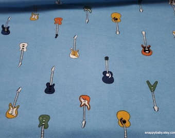 Remnant Flannel Fabric - Guitars on Blue - Choose your Size - 100% Cotton Flannel