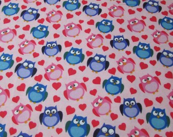 Flannel Fabric - Owls and Hearts Pink - By the yard - 100% Cotton Flannel