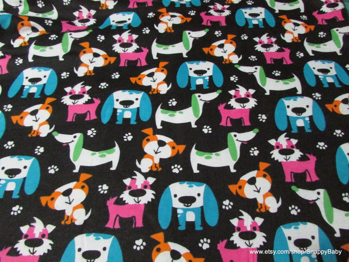 Image showcasing Flannel Fabric - Bright Dogs on Black - by the Yard - 100% Cotton ...