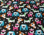 Flannel Fabric - Bright Dogs on Black - By the yard - 100% Cotton Flannel