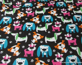 Flannel Fabric - Bright Dogs on Black - By the yard - 100% Cotton Flannel