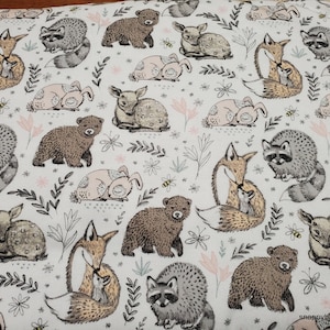 Flannel Fabric - Woodland Animals with Pink Flowers - By the yard - 100% Cotton Flannel