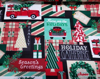 Christmas Flannel Fabric - Holiday Gathering Patchwork - By the Yard - 100% Cotton Flannel
