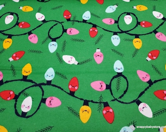 Christmas Flannel Fabric - String of Happy Christmas Lights on Green - By the Yard - 100% Cotton Flannel