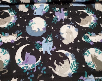 Remnant Flannel Fabric - Floral Moon Cats on Black - Choose your Size - 100% Cotton Flannel