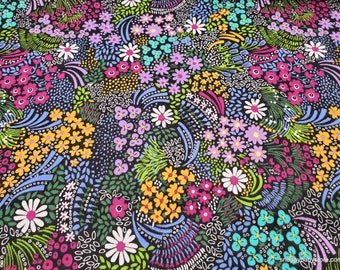 Premium Flannel Fabric - Colorful Flowerbed Black Premium - By the yard - 100% Cotton Flannel