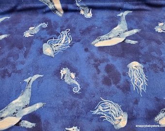 Remnant Flannel Fabric - Watercolor Whales - Choose your Size - 100% Cotton Flannel