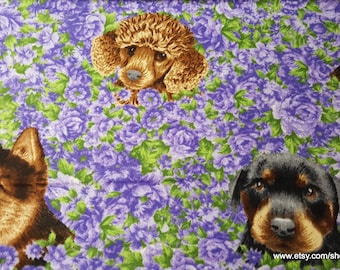 Flannel Fabric - Dogs on Floral - By the yard - 100% Cotton Flannel