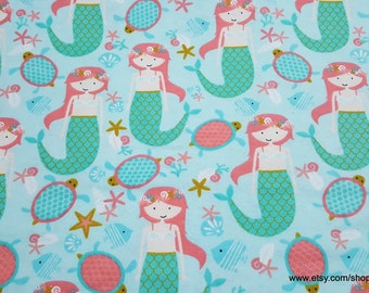 Flannel Fabric - Mermaid Sea Party - By the yard - 100% Cotton Flannel