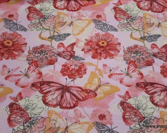 Flannel Fabric - Coral Watercolor Butterfly - By the yard - 100% Cotton Flannel