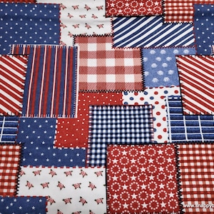 May include: Red, white, and blue patchwork fabric with various patterns including stripes, gingham, polka dots, and stars. The fabric is perfect for quilting, sewing, or crafting projects.