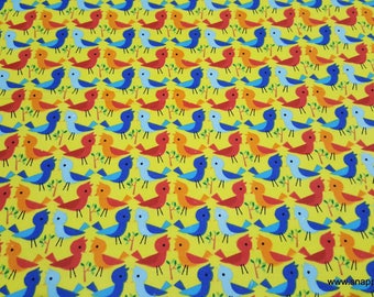Flannel Fabric - Red Orange Blue Birds on Yellow - By the yard - 100% Cotton Flannel