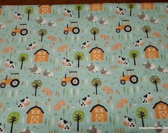 Flannel Fabric - Barnyard Friends Aqua - By the yard - 100% Cotton Flannel