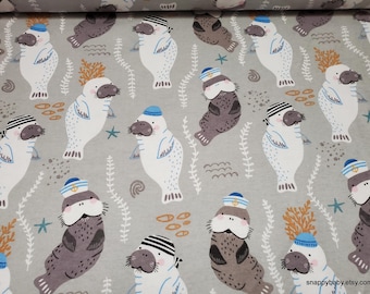 Flannel Fabric - Nautical Manatees on Gray - By the yard - 100% Cotton Flannel