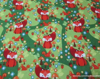Flannel Fabric - Acorn Valley Foxes Main Green - By the yard - 100% Cotton Flannel