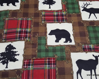 Flannel Fabric - Bear Lake Patch Red Green - By the yard - 100% Cotton Flannel