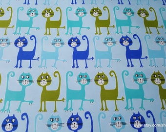 Flannel Fabric - Dancing Cats on Aqua Premium - By the yard - 100% Premium Cotton Flannel