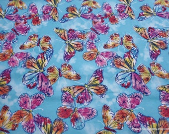 Flannel Fabric - Watercolor Butterfly on Blue - By the yard - 100% Cotton Flannel
