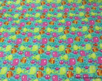 Flannel Fabric - Bright Fish - By the yard - 100% Cotton Flannel