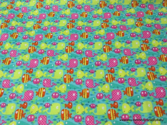 Flannel Fabric - Bright Fish - By the yard - 100% Cotton Flannel