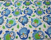 Flannel Fabric - Blue Owls on White - By the yard - 100% Cotton Flannel