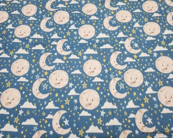 Flannel Fabric - Baby Boy Moon and Stars Cobalt - By the yard - 100% Cotton Flannel