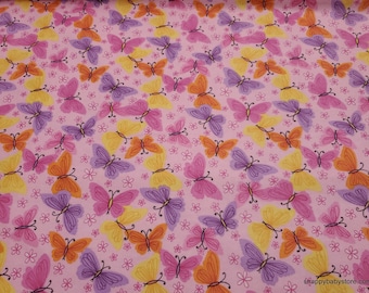 Flannel Fabric - Butterflies Multi on Pink - By the yard - 100% Cotton Flannel