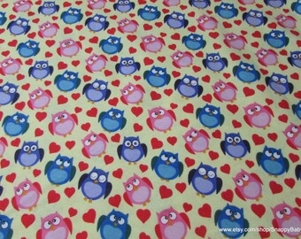 Flannel Fabric - Owls and Hearts Yellow - By the yard - 100% Cotton Flannel