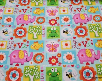 Flannel Fabric - Blocks with Frog Elephant Fish Butterfly - By the yard - 100% Cotton Flannel