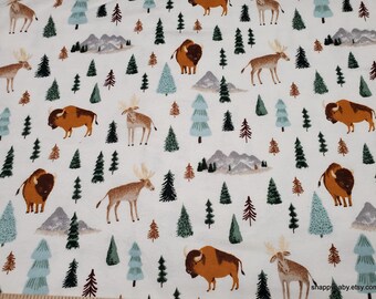 Flannel Fabric - Roaming the Wilderness on White - By the yard - 100% Cotton Flannel