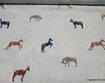 Flannel Fabric - Horses on Light Blue - By the yard - 100% Cotton Flannel
