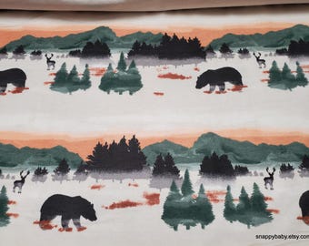 Remnant Flannel Fabric - Wilderness Landscape with Bears on Beige - Choose your Size - 100% Cotton Flannel