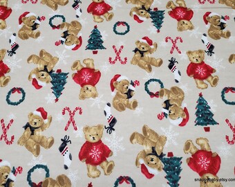 Christmas Flannel Fabric - Christmas Teddy Bears on Tan - By the yard - 100% Cotton Flannel