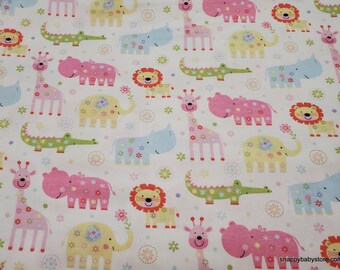 Flannel Fabric - Nursery Safari on White - By the yard - 100% Cotton Flannel
