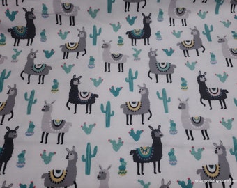 Flannel Fabric - Desert Llamas and Cacti on White - By the yard - 100% Cotton Flannel
