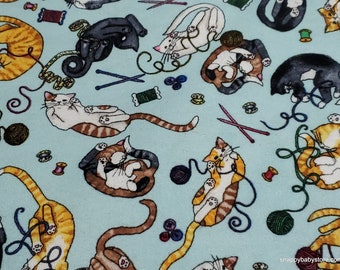 Flannel Fabric - Playtime Cats Aqua - By the yard - 100% Cotton Flannel
