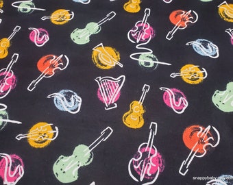 Flannel Fabric - Tossed Watercolor Instruments Black - By the yard - 100% Cotton Flannel
