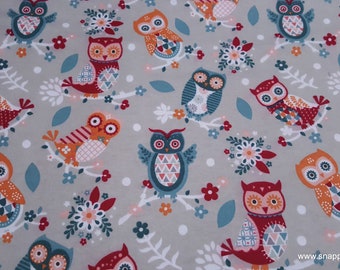 Flannel Fabric - Floral Owl with Geo - By the yard - 100% Cotton Flannel