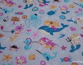 Flannel Fabric - Mermaid Friends - By the Yard - 100% Cotton Flannel