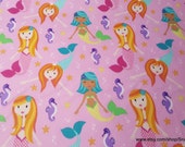 Flannel Fabric - Mermaid Fairy Tales Pink Premium - By the yard - 100% Premium Cotton Flannel