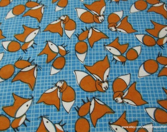 Flannel Fabric - Foxes on Blue - By the yard - 100% Cotton Flannel