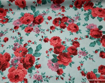 Flannel Fabric - Traditional Rose on Turquoise - By the yard - 100% Cotton Flannel