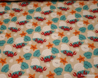 Flannel Fabric - Vacation Seashells and Crabs - By the yard - 100% Cotton Flannel