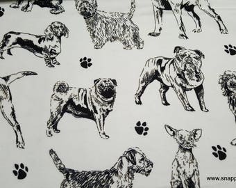 Flannel Fabric - Realistic Black White Sketch Dog - By the yard - 100% Cotton Flannel